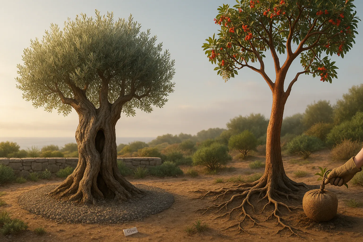 side-by-side olive tree and arbutus showing trunks, crowns, and root differences