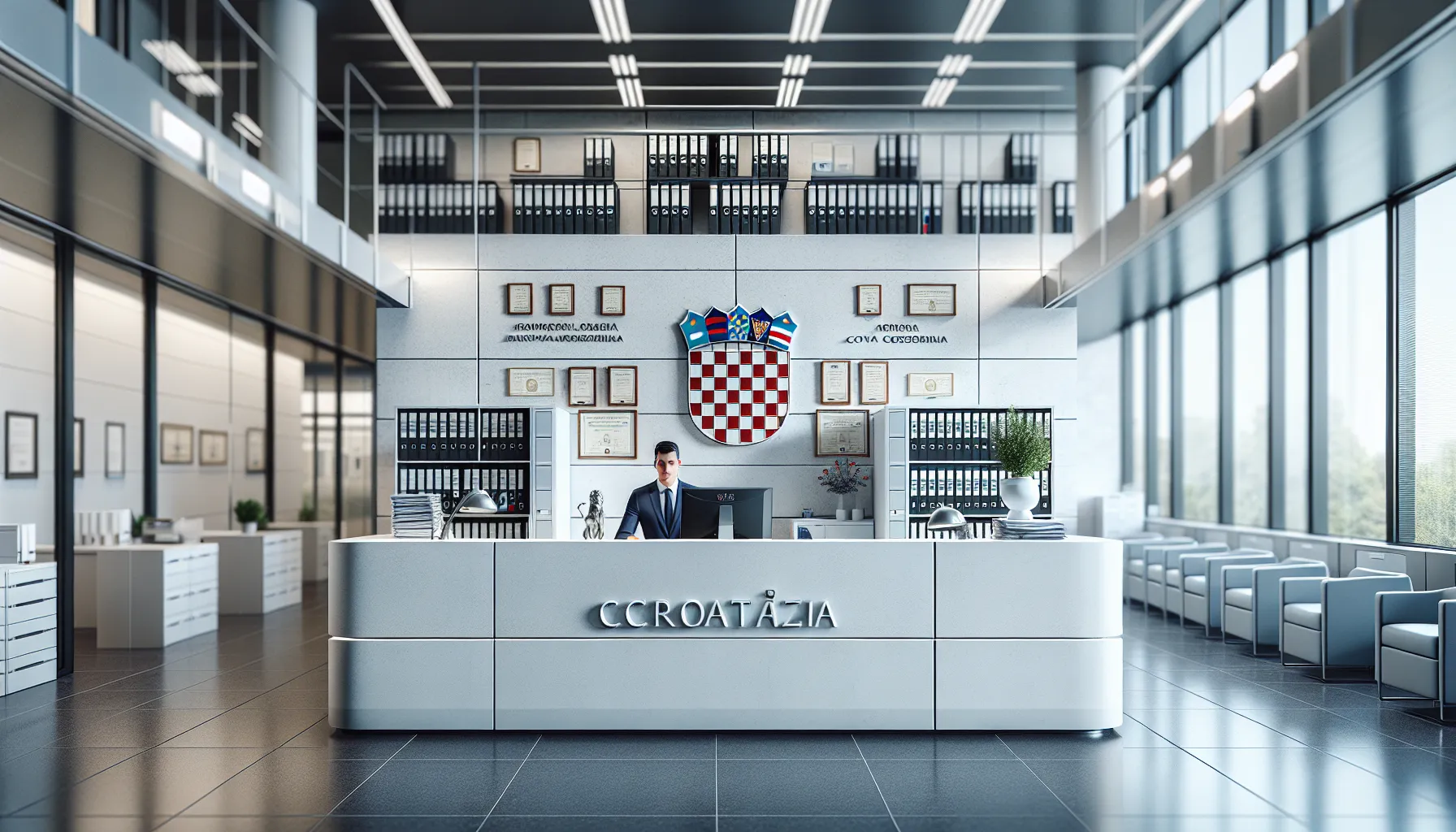 Croatian government office worker at desk with official documents and forms