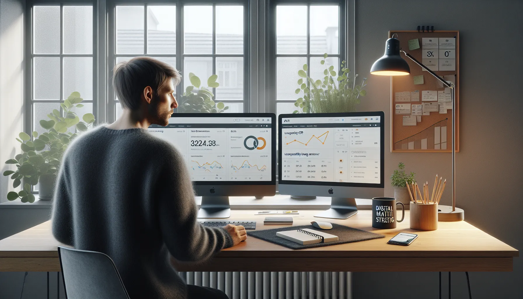 Seo specialist reviews dashboards and alerts, prioritizing tasks on a morning matrix.