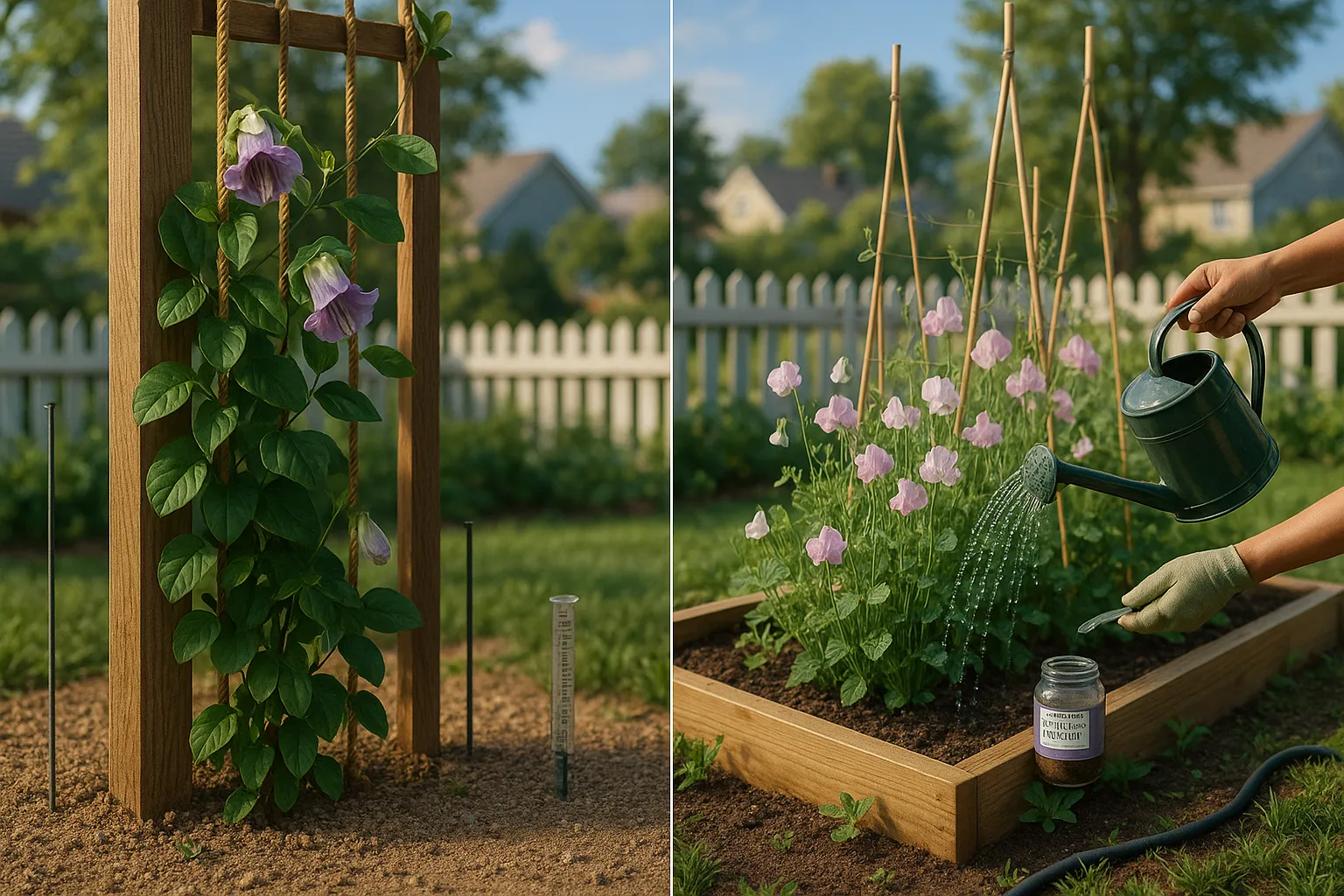Cobaea on a tall trellis beside delicate sweet peas on bamboo supports.