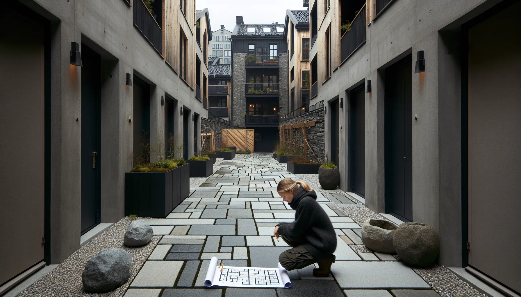 Stein i urbane uterom: praktiske og estetiske løsninger for byhager 3 Landscape architect planning stone paving in a small norwegian urban courtyard.