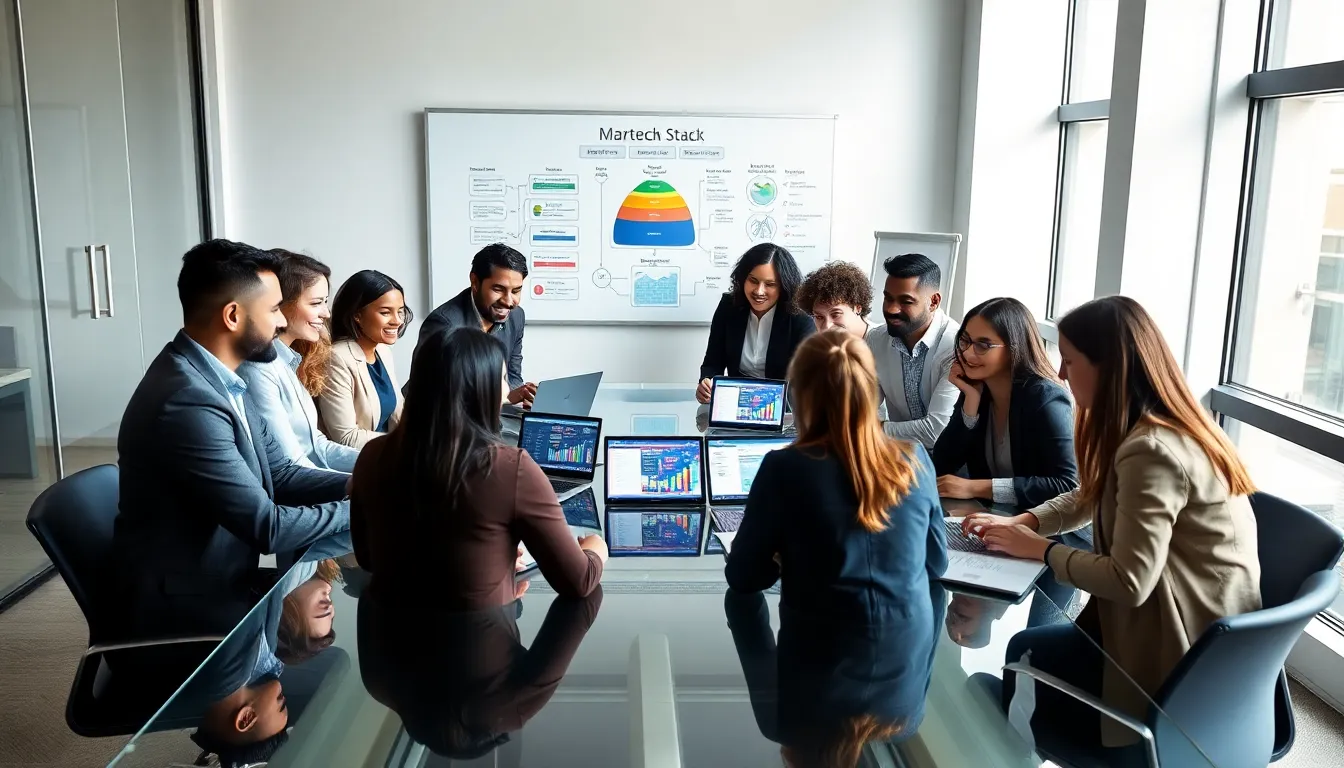 diverse marketing team discussing martech tools in a modern office.