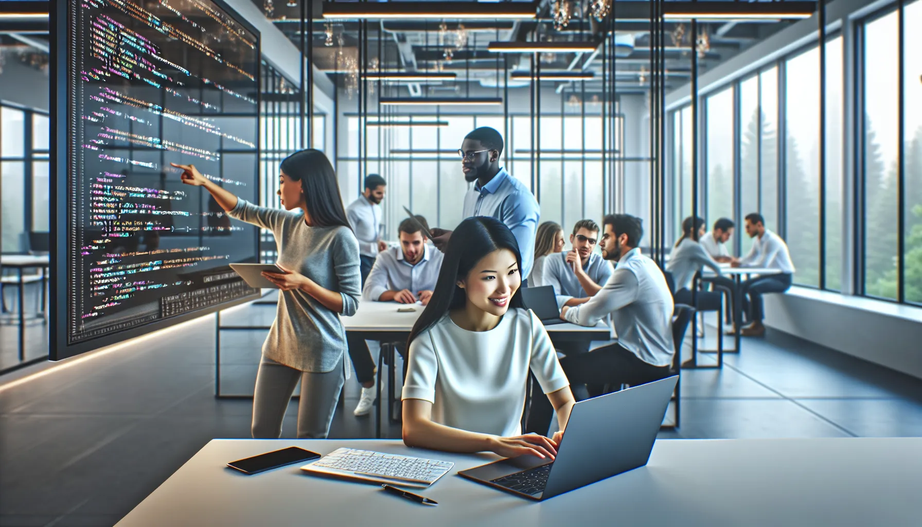 diverse team discussing Downstrike2045 Python update in a modern office.