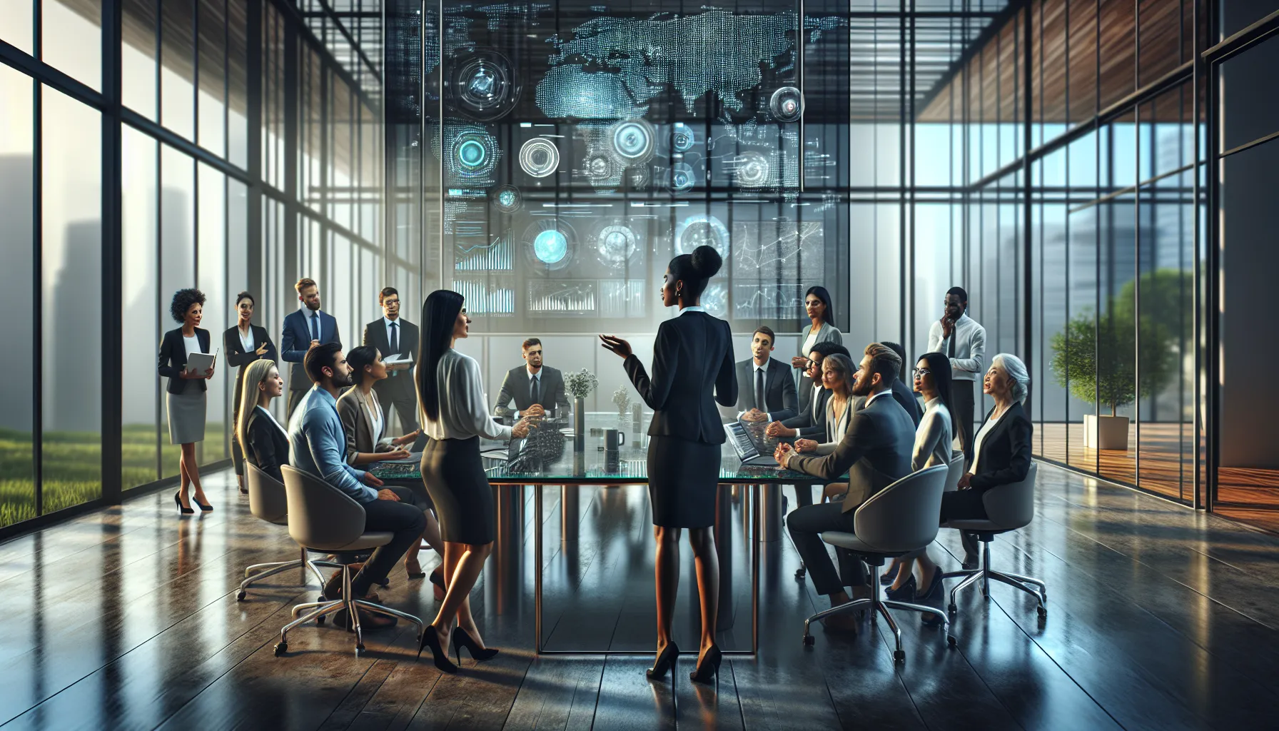 diverse professionals discussing large numbers in a modern office.