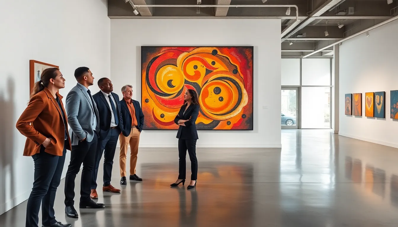 professionals discussing art in a modern gallery.