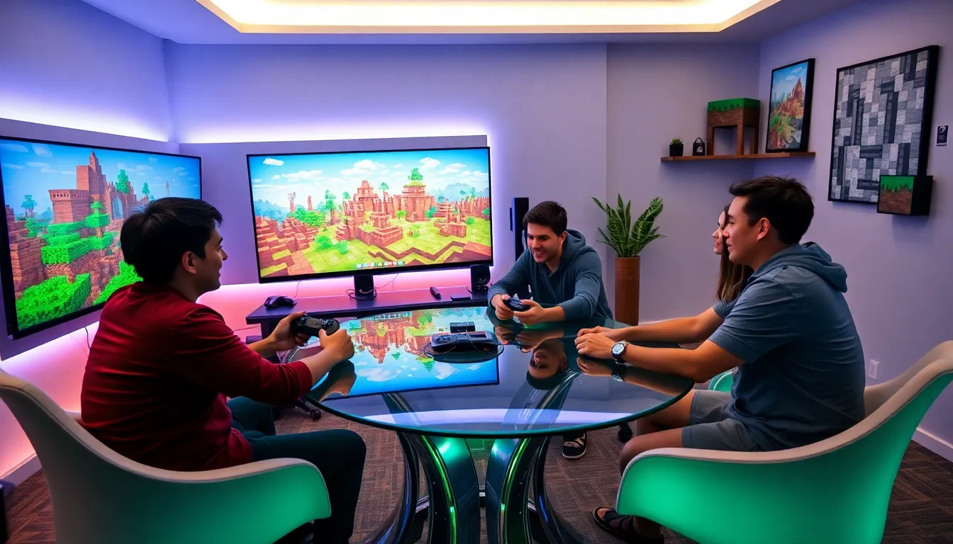 group of gamers engaged in Minecraft in a modern gaming setup.