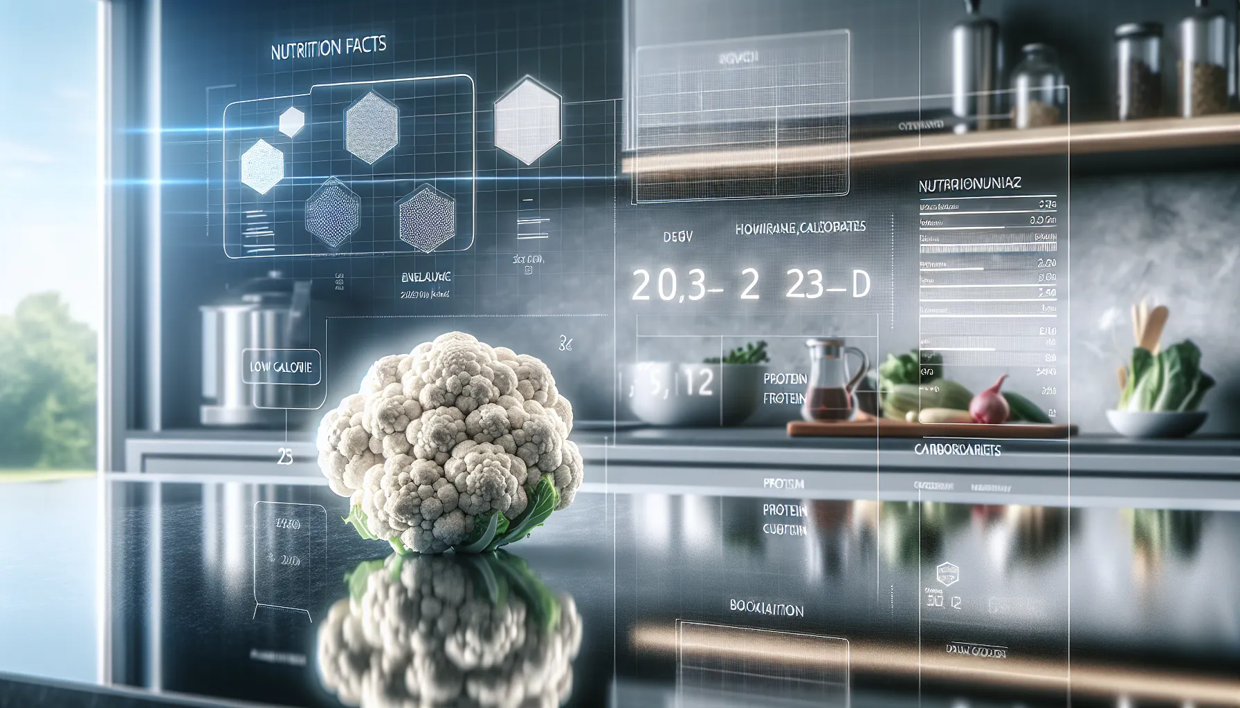 Fresh cauliflower with a digital nutrition facts display.