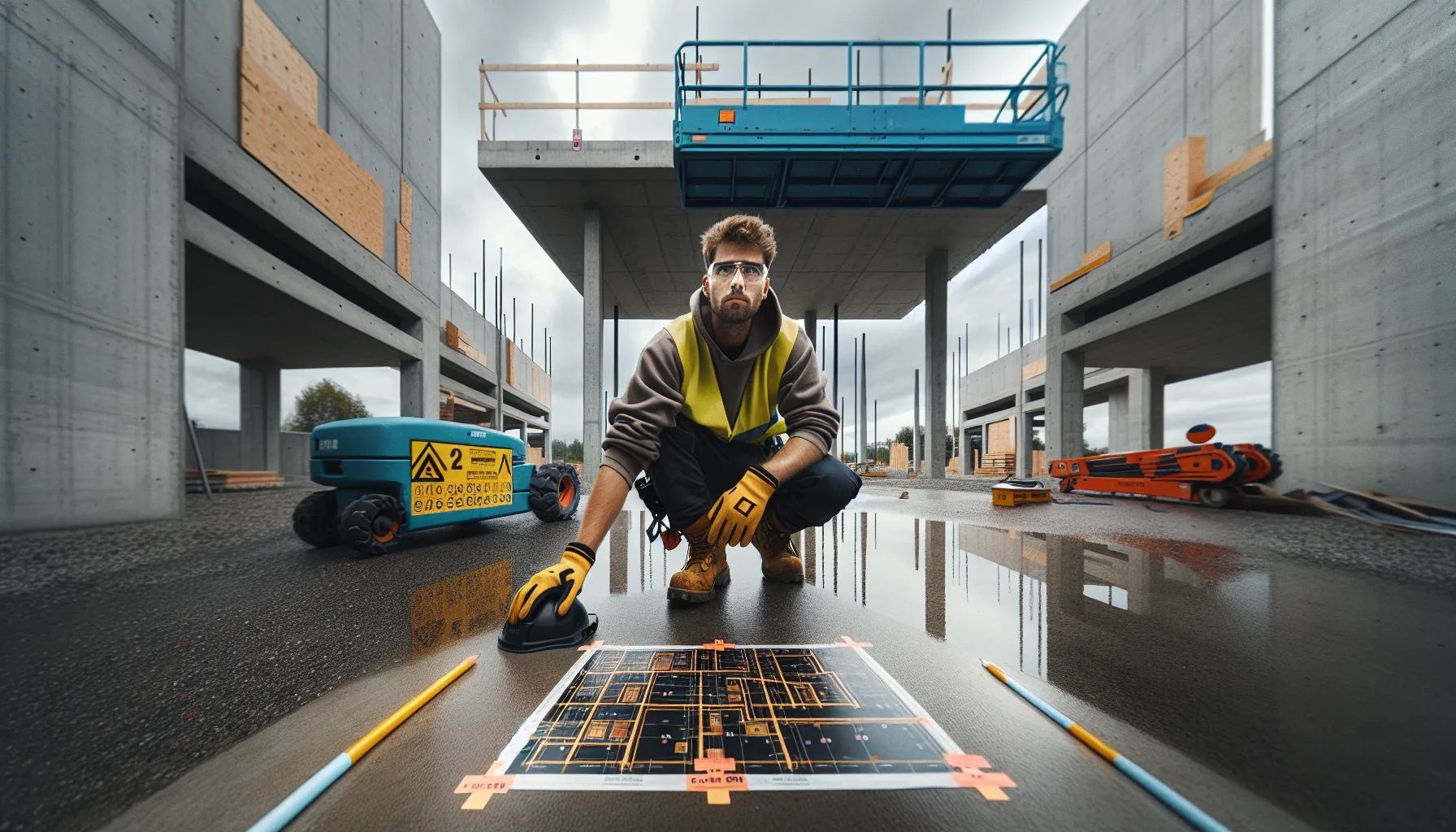 Norwegian construction worker inspecting ground beside various lifts to ensure site safety.