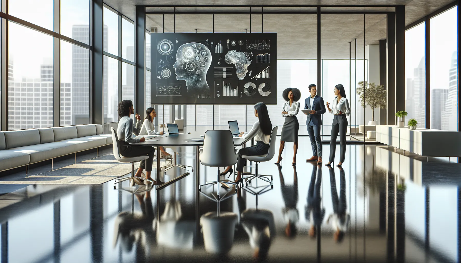 diverse professionals discussing concepts in a modern office setting.