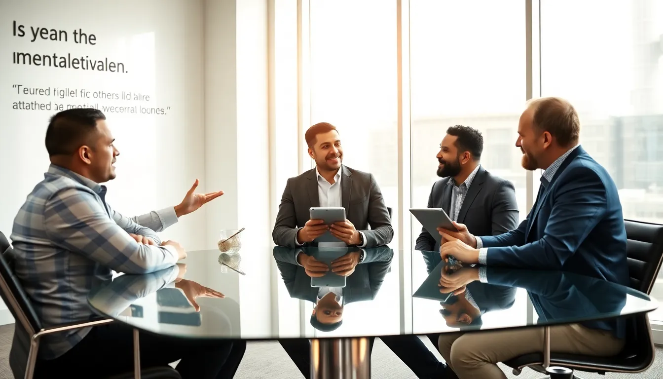 diverse men discussing mental health in a modern office setting.