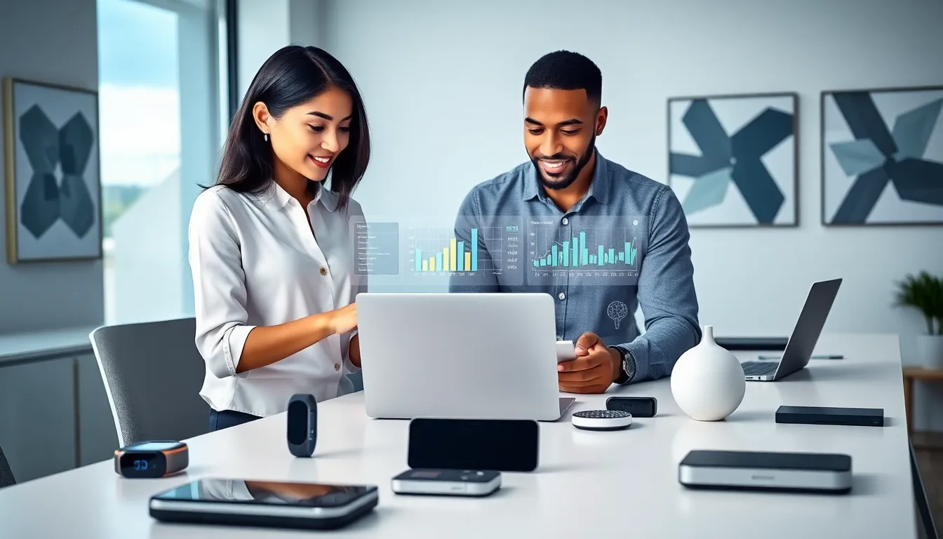 diverse team collaborating on IoT software development in a modern office.
