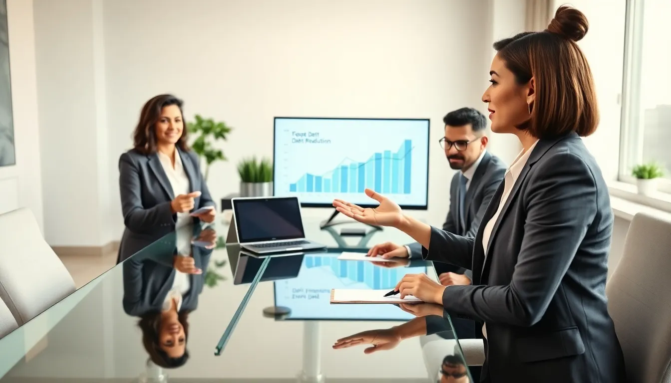diverse professionals discussing debt relief strategies in a modern office.