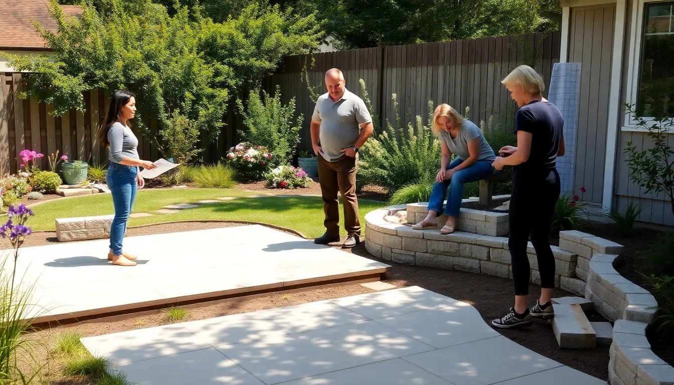 a diverse team working on an inexpensive hardscape backyard project.