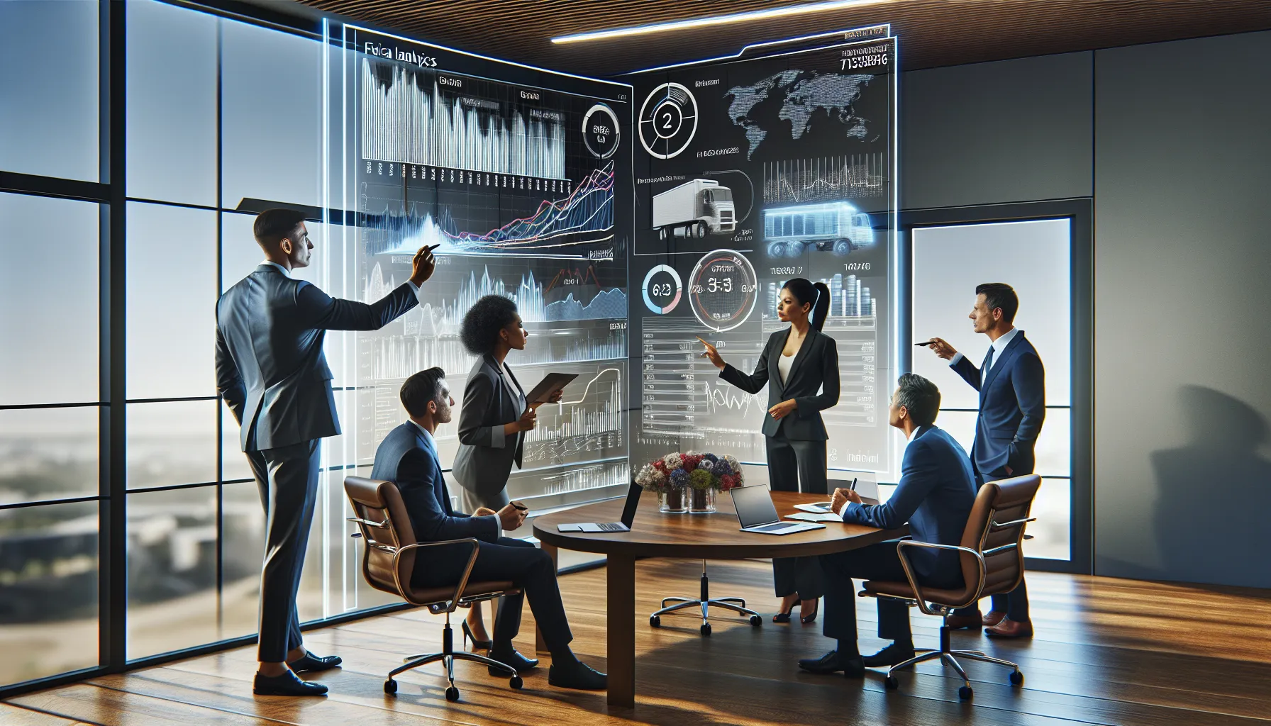 professionals discussing data analytics in a modern conference room.