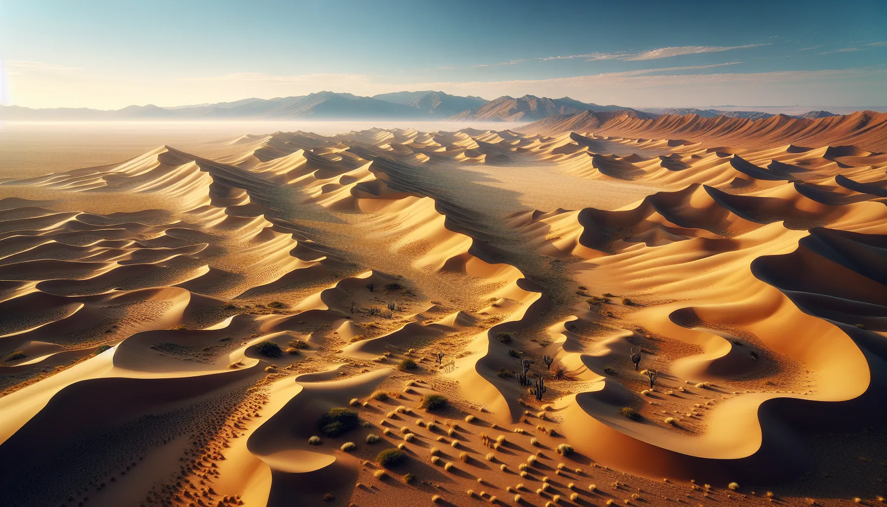 A vast desert landscape with dunes, desert flora, and distant mountains.
