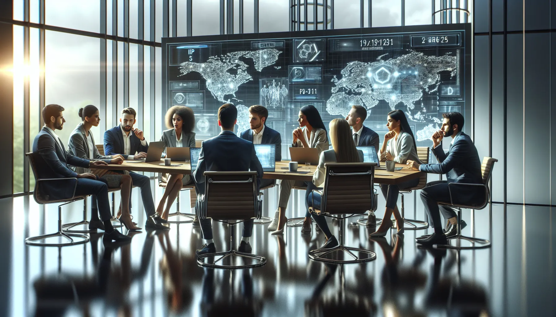 IT professionals discussing network protocols in a modern office.