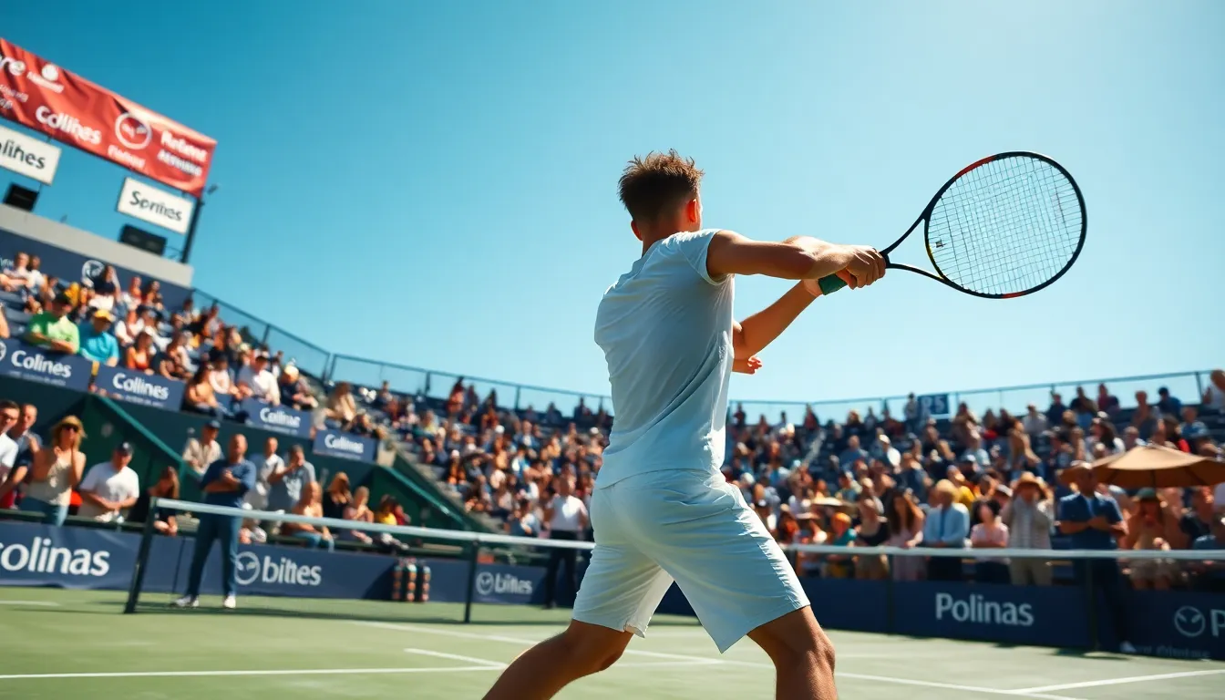intense tennis match at a major tournament with diverse spectators.