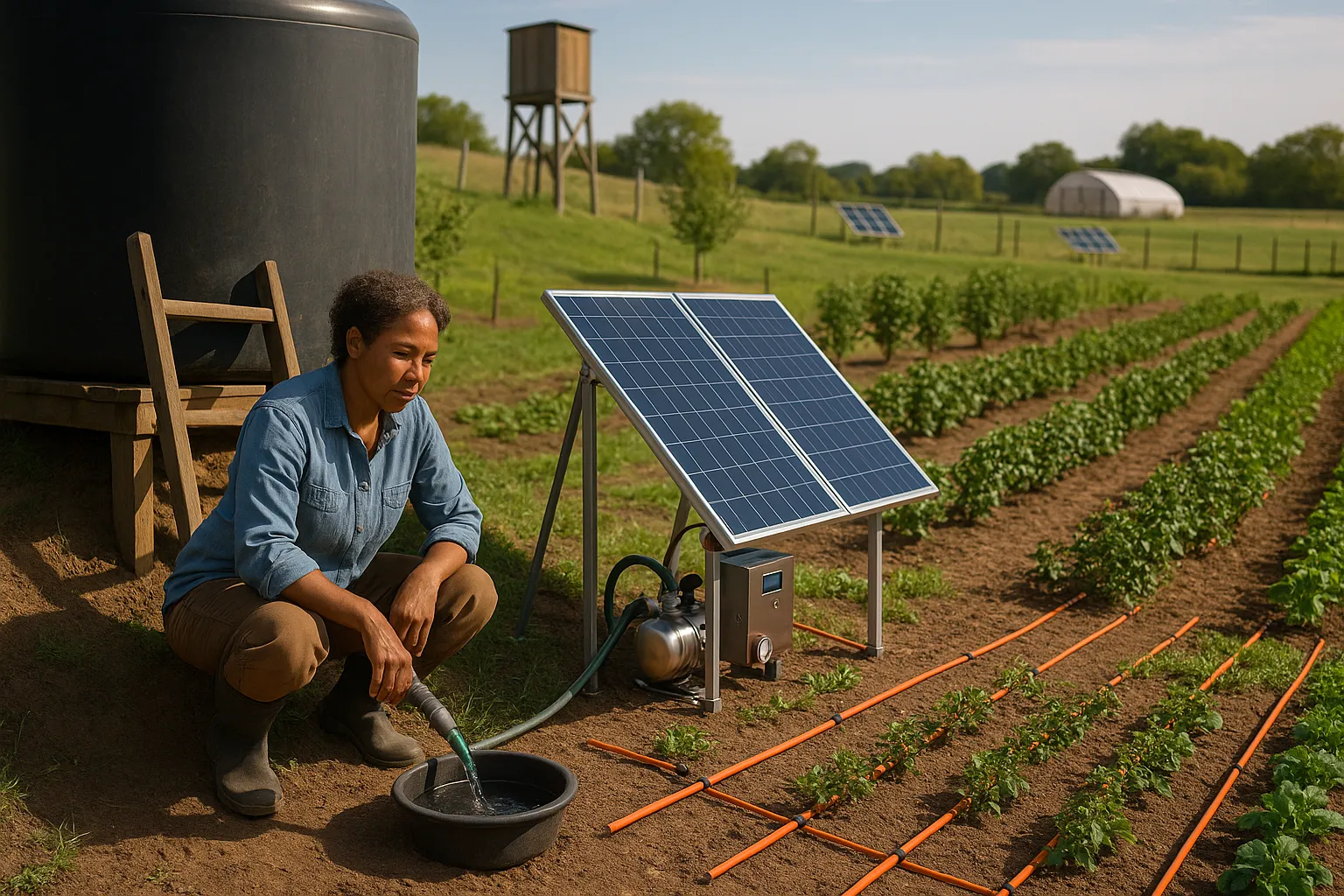 Farmer comparing a hillside rainwater tank gravity feed and a solar-powered drip station.