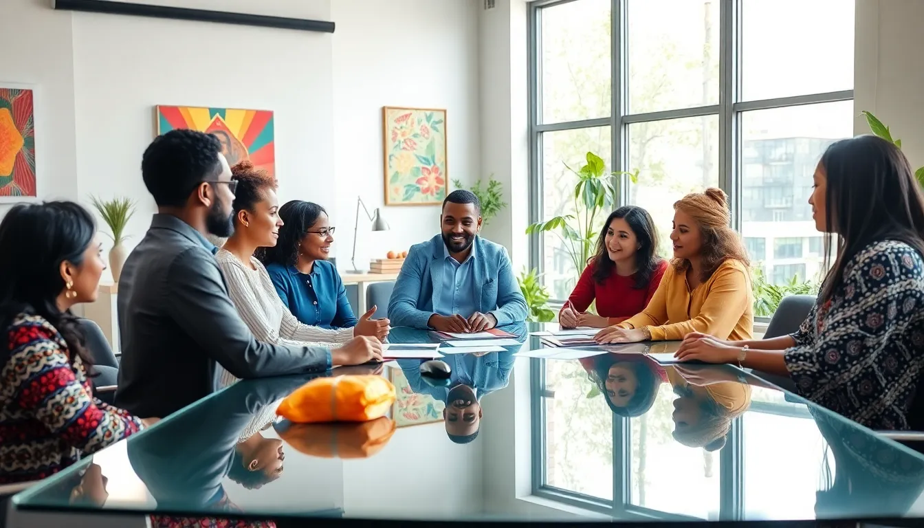 diverse professionals collaborating in a modern office environment.