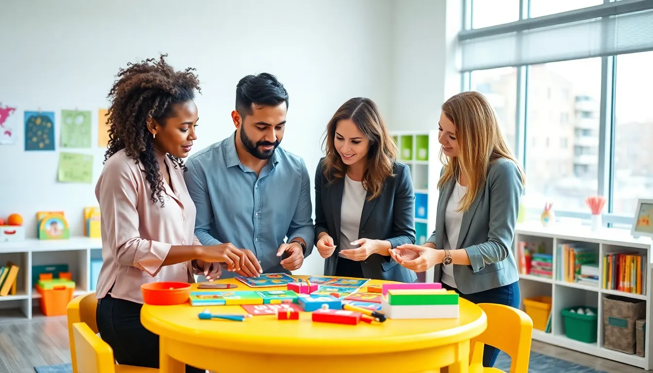 diverse educators collaborating in a modern early childhood classroom.