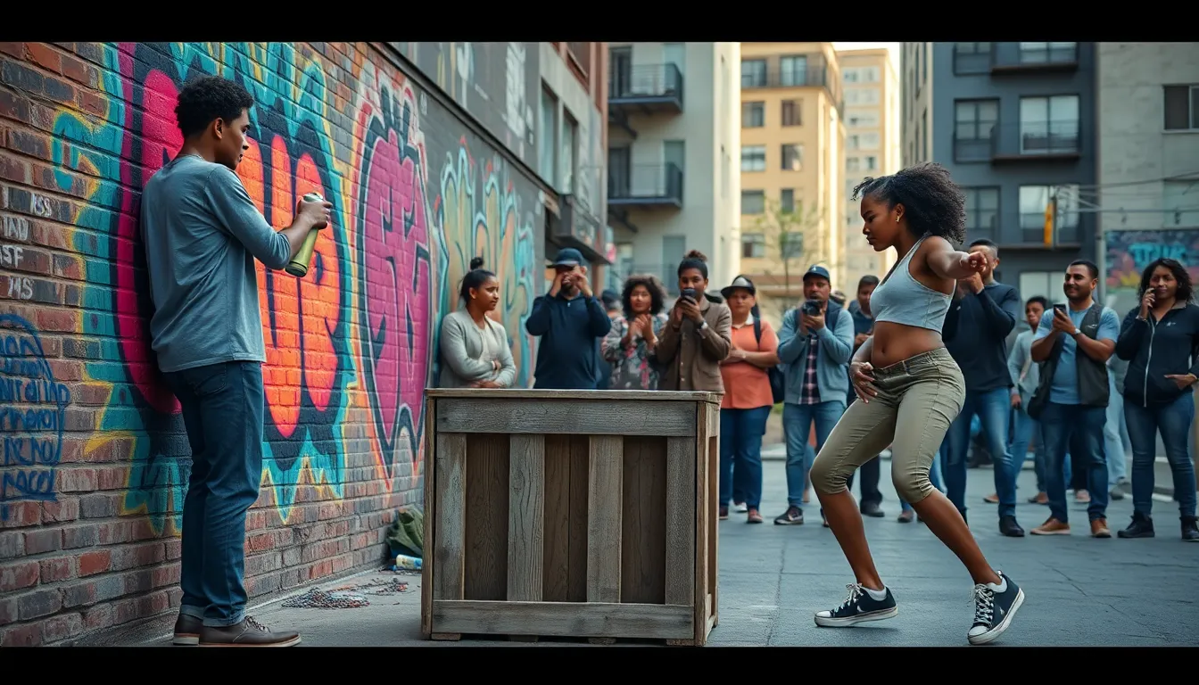 diverse artists engaged in creative expression in an urban setting.