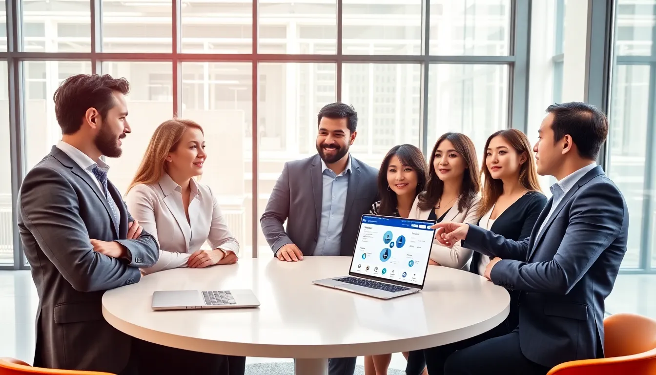 diverse team discussing altcoin wallet interface in a modern office.