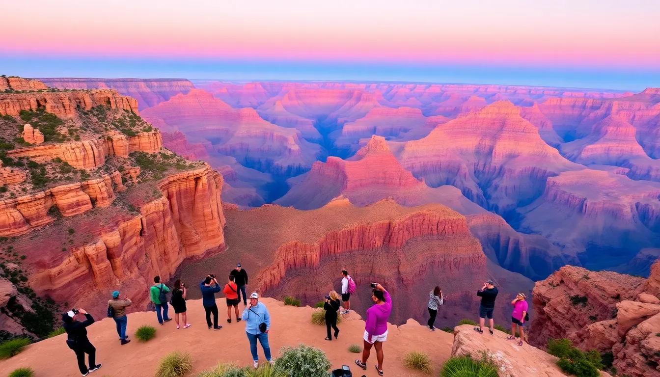 view of the Grand Canyon at sunset with hikers admiring the scenery.