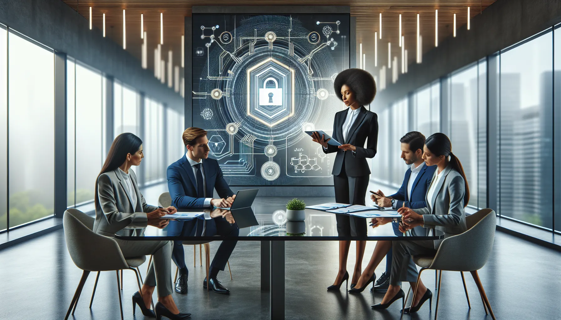 diverse professionals discussing data encoding in a modern office.