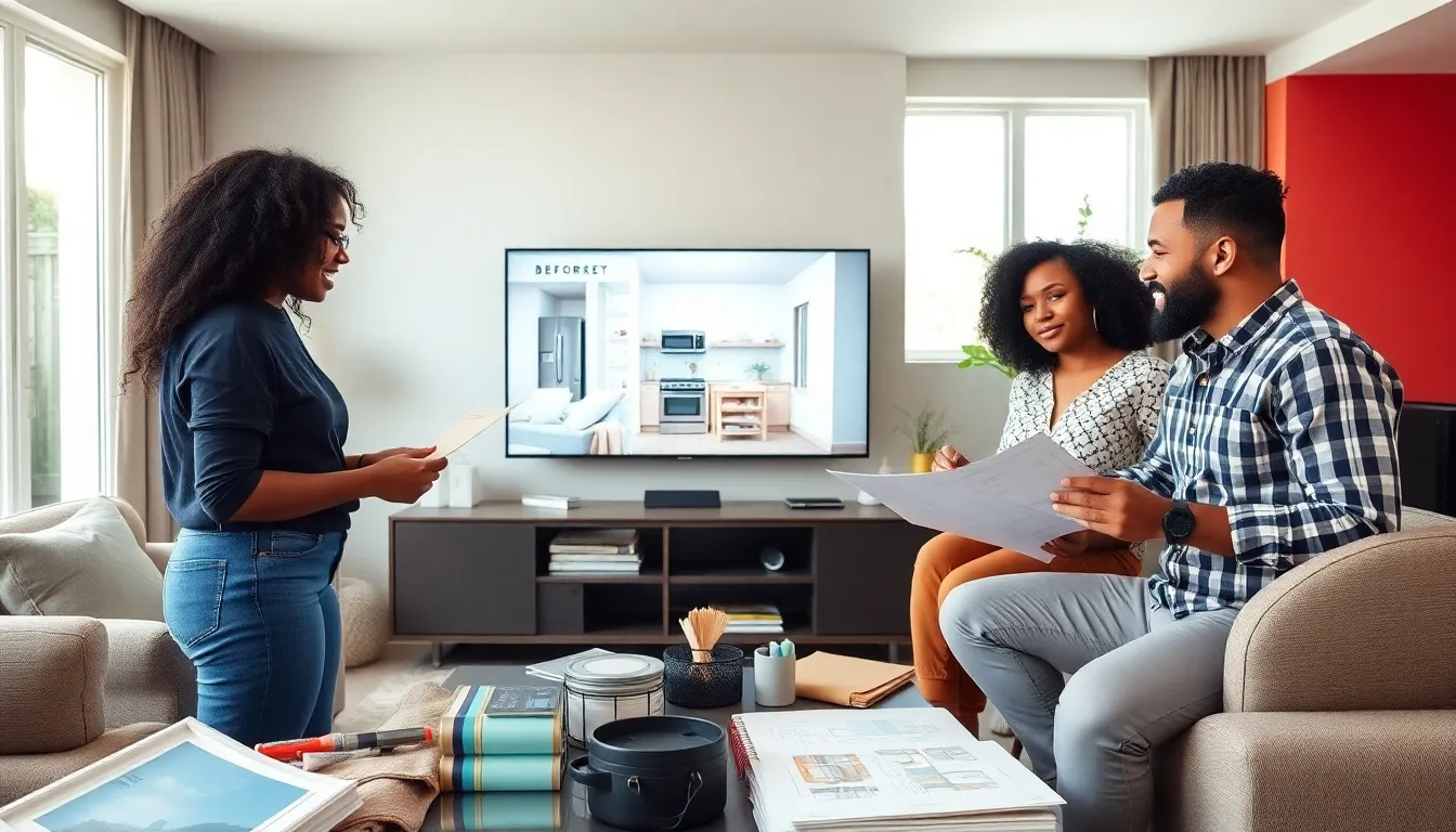hosts discussing home renovation in a modern living room.