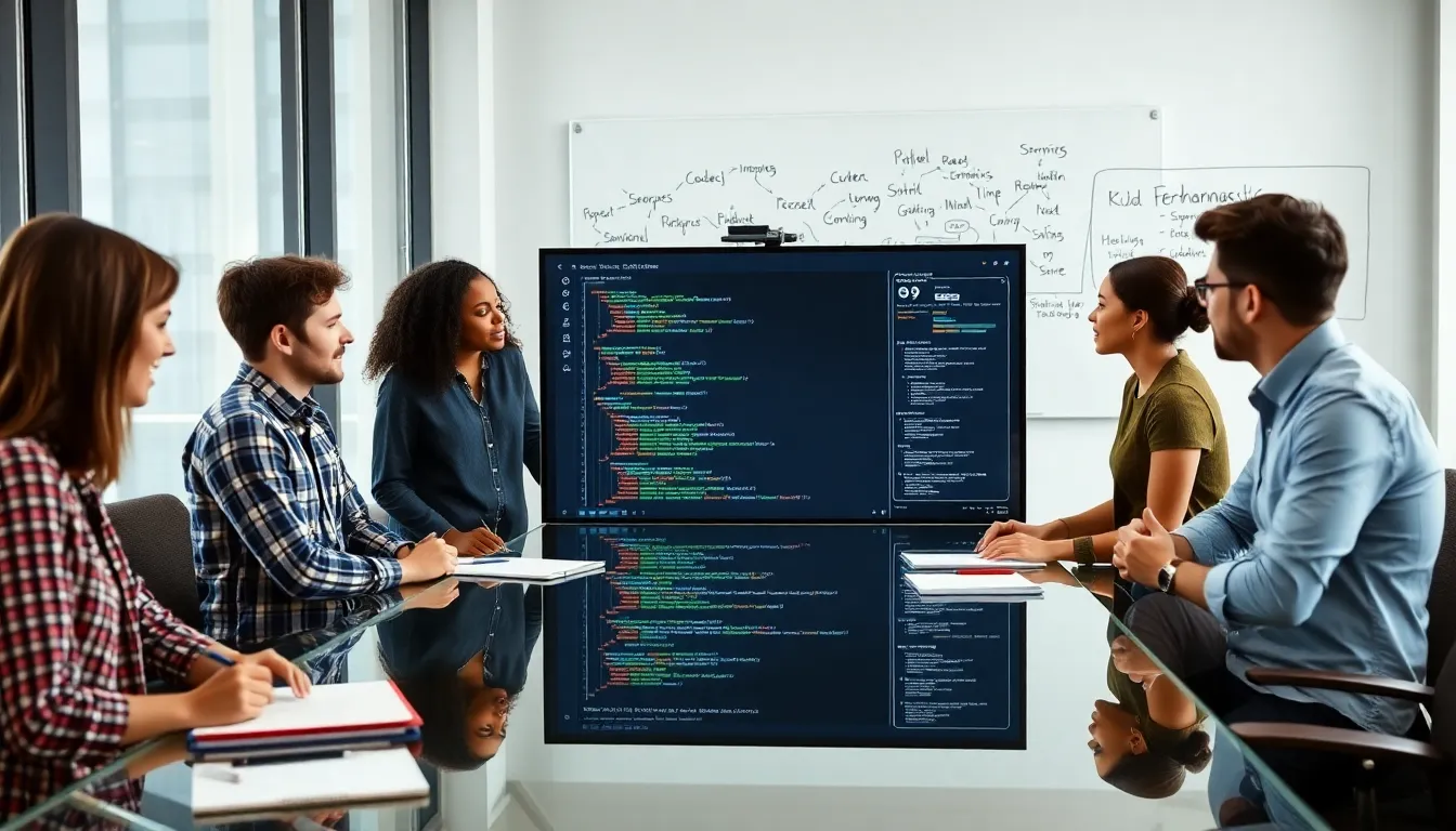 diverse team discussing software development in a modern office.