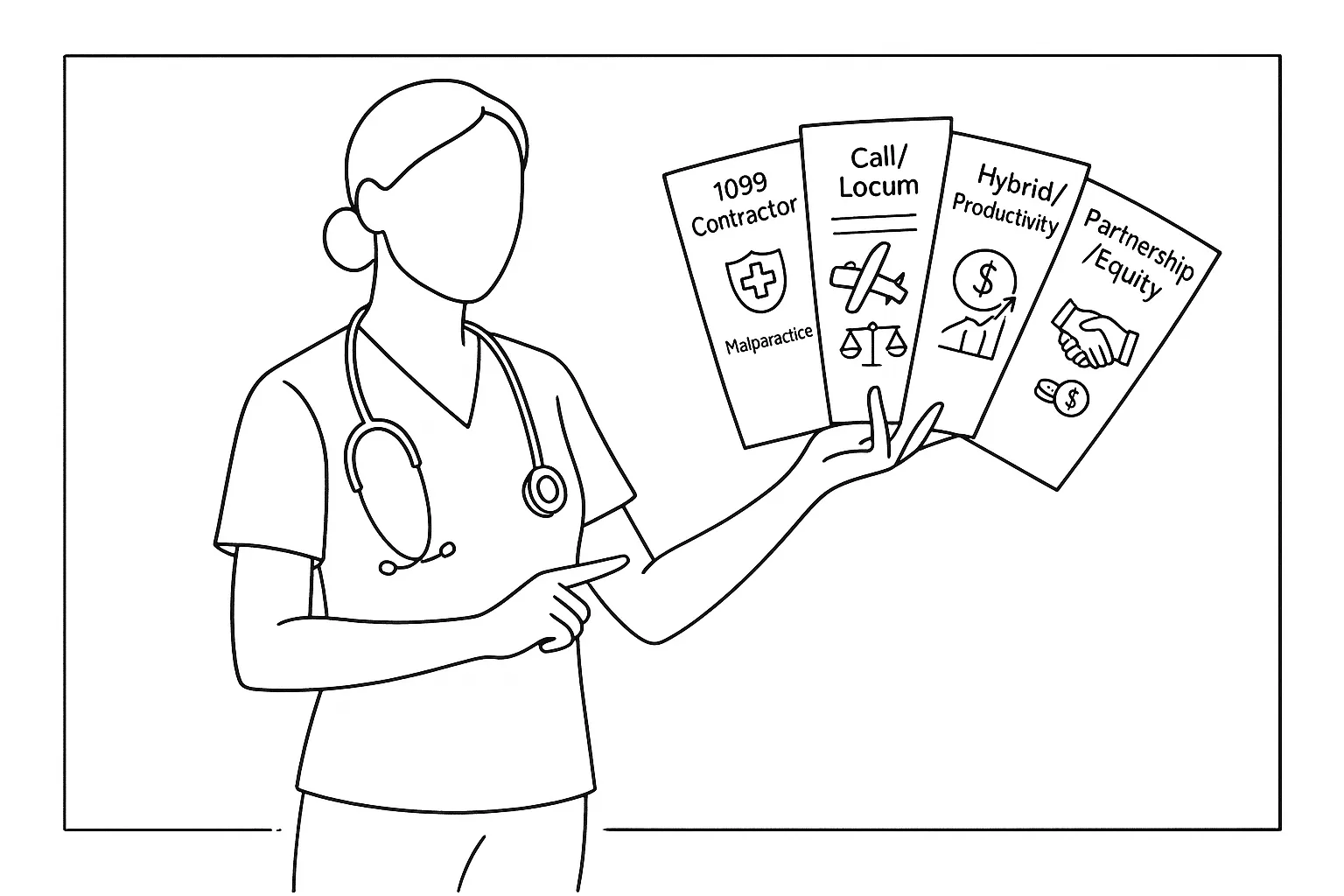 Nurse practitioner holding and pointing to five labeled contract documents of California Nurse Practitioner Contract Review.