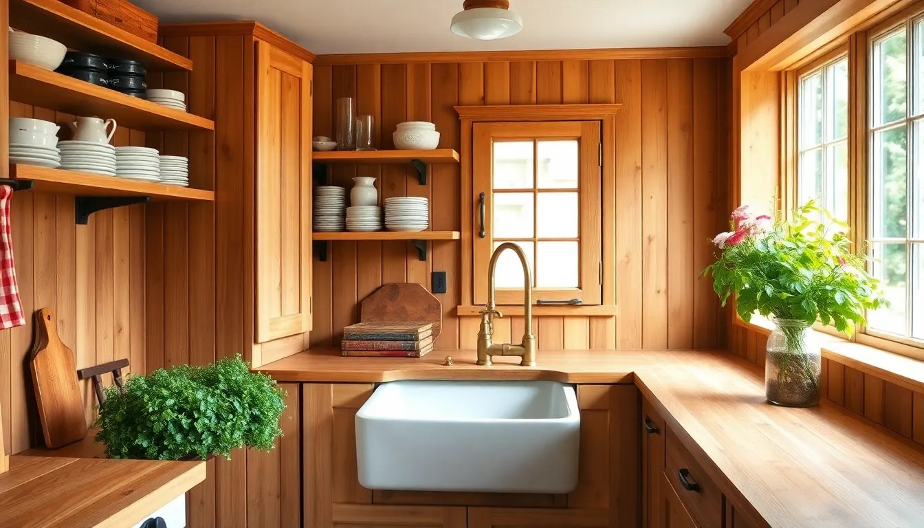 charming small country kitchen with vintage accents and warm wooden cabinetry.