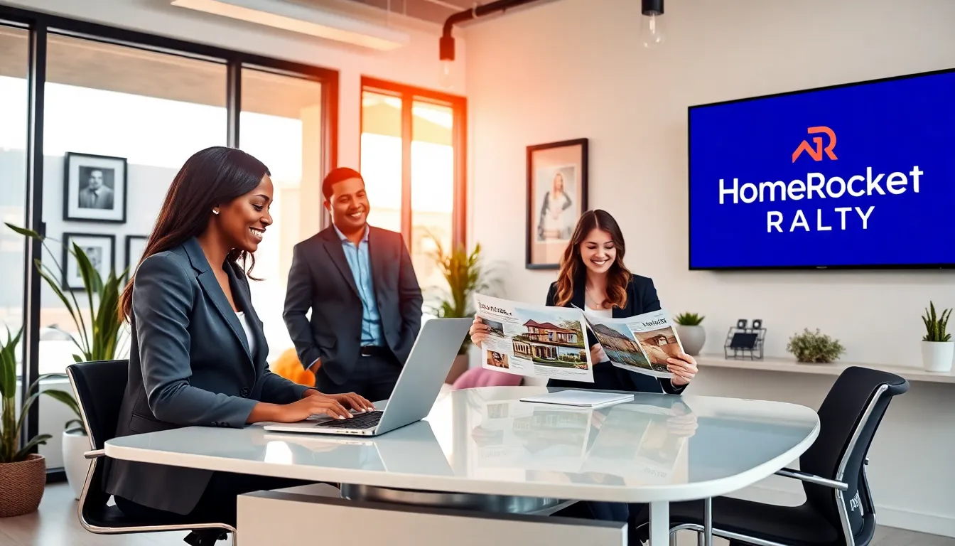 real estate professionals assisting a young couple in a modern office.
