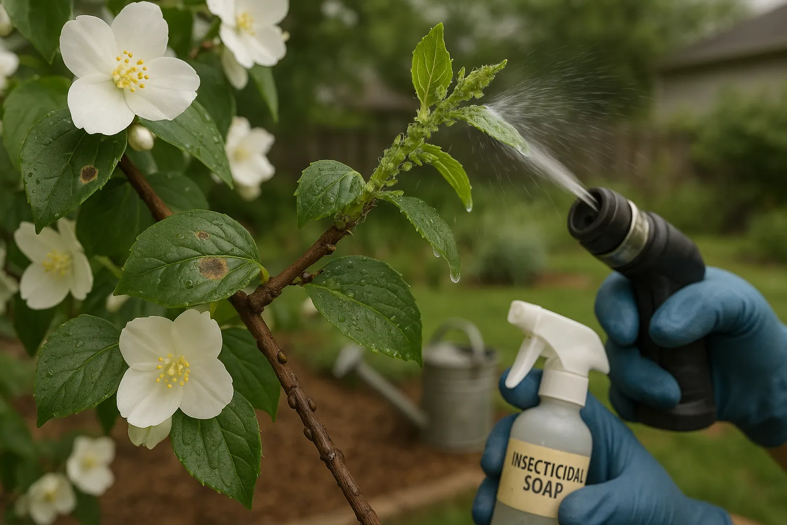 close-up of a mock orange branch with aphids, powdery mildew, and gardener spraying