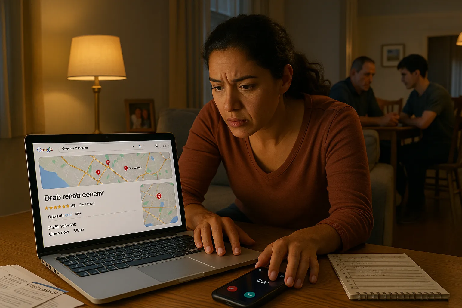 Concerned family member searching local rehab centers on a laptop at home.