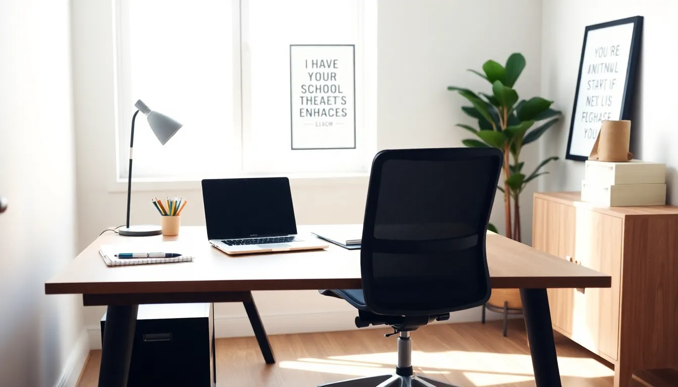organized study space with a desk, laptop, and natural lighting.