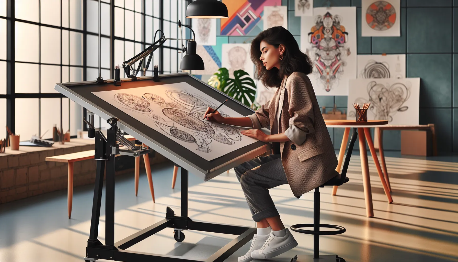 artist drawing outlines in a bright, modern studio.