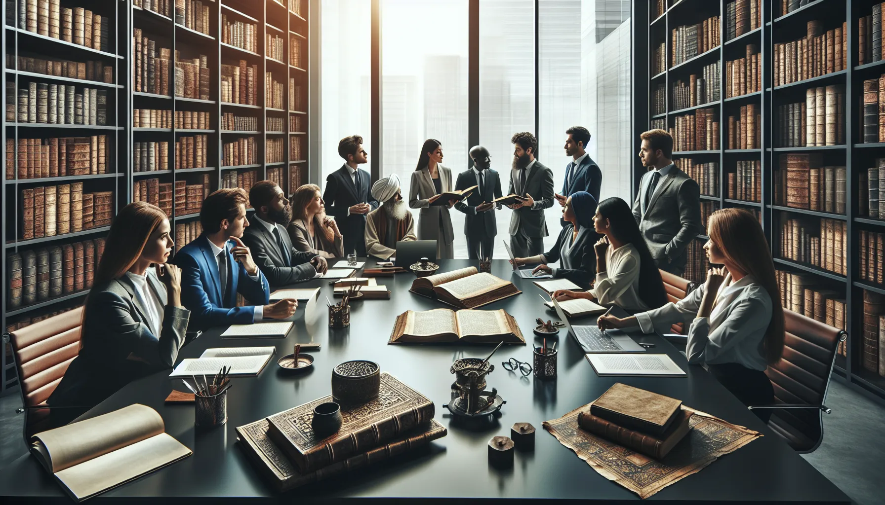 historians discussing ancient texts in a modern conference room.