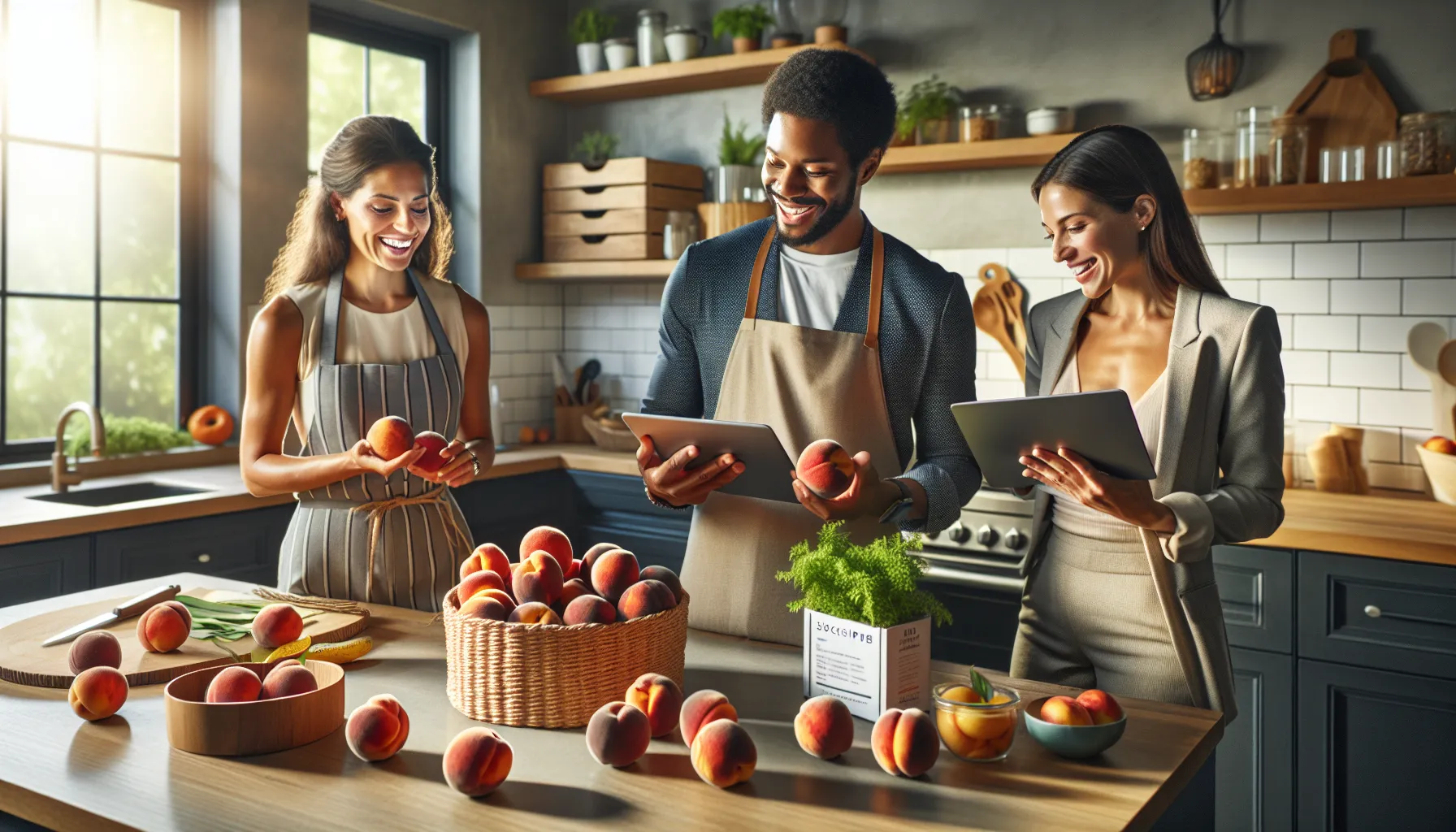diverse team discussing peach delivery and recipes in a modern kitchen.
