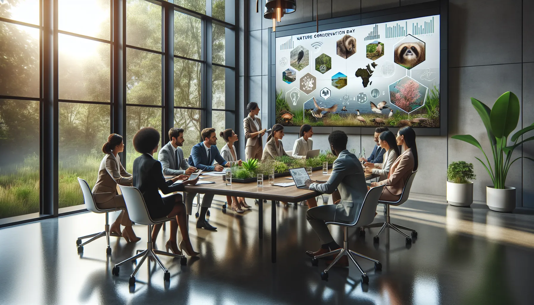 diverse team discussing nature conservation in a modern office.