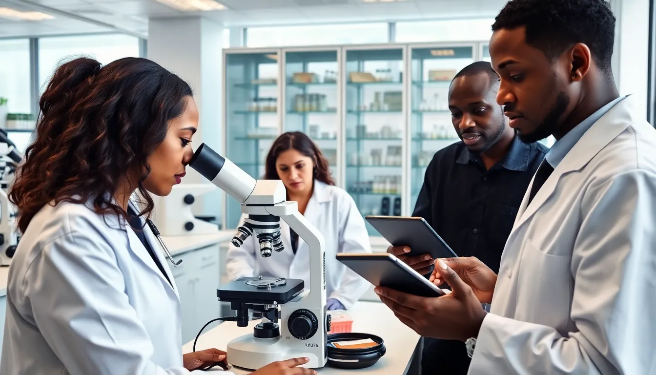 diverse scientists collaborating in a modern biotechnology lab.