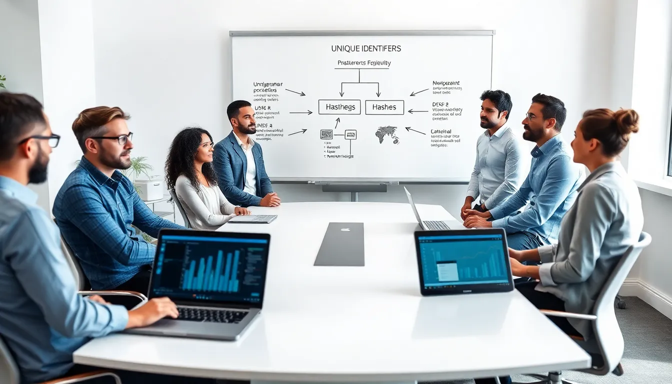 diverse team discussing data integrity and unique identifiers in a modern office.