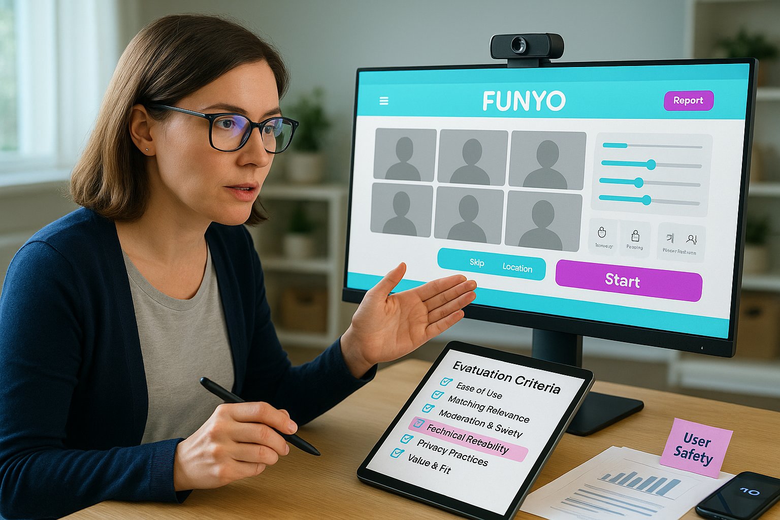 Reviewer at desk pointing to Funyo interface with evaluation checklist.