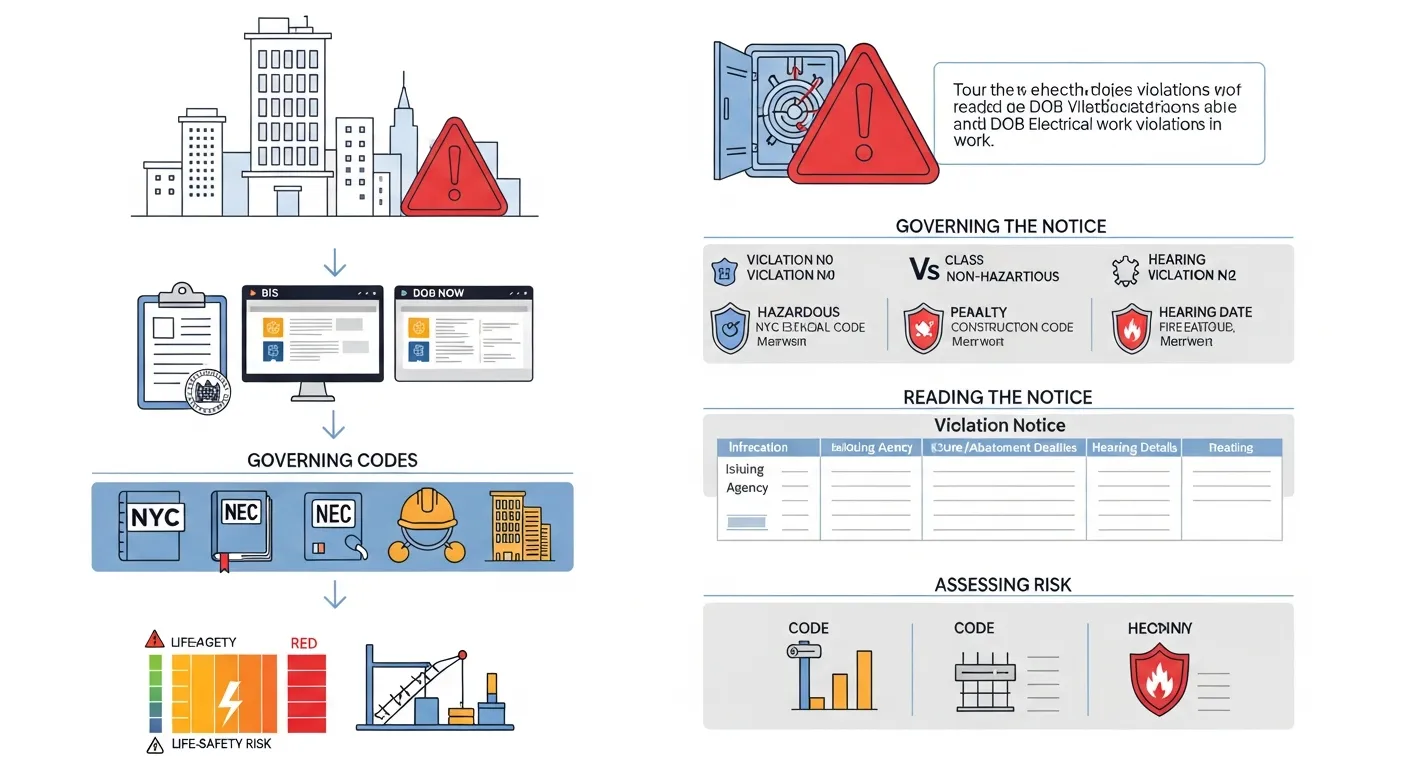Infographic showing steps electricians take to understand and assess NYC DOB electrical violations.