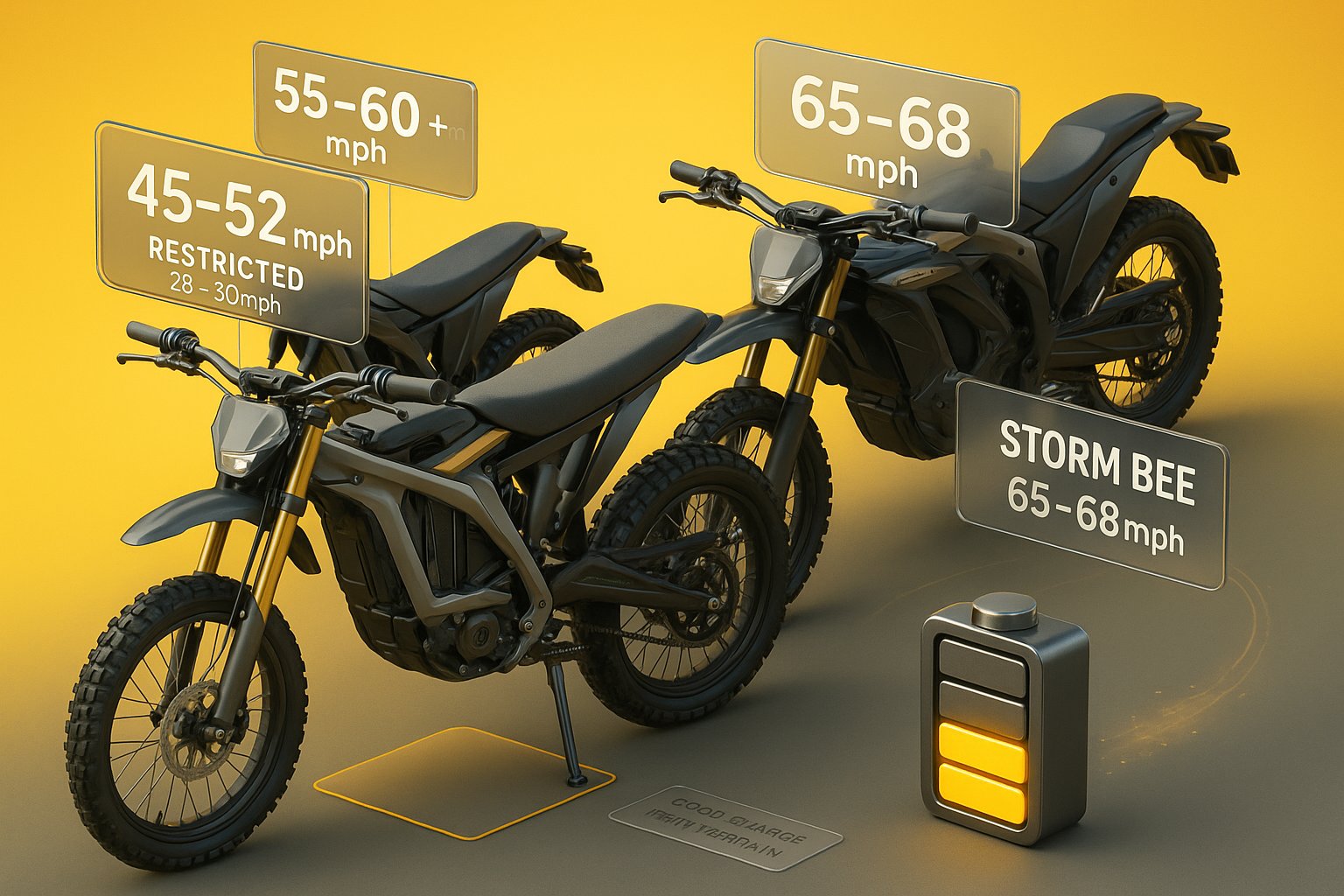 3D render of three Surron e-bikes with speed labels and battery drain icon.