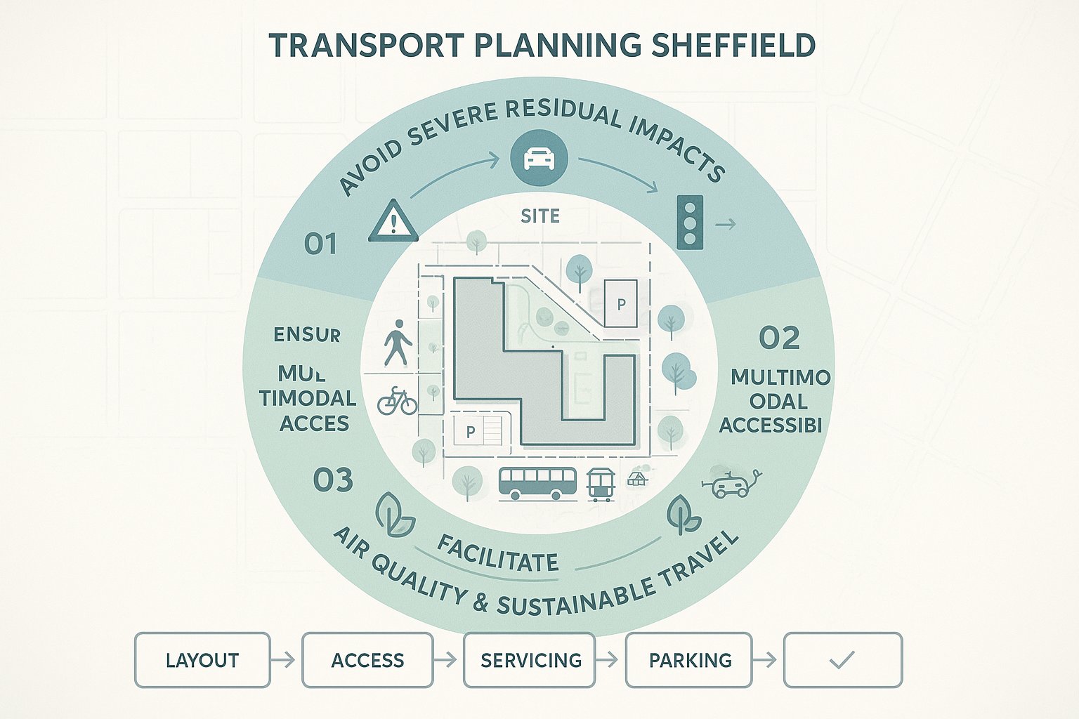 Infographic showing how Sheffield transport planning guides safe, accessible, sustainable development.