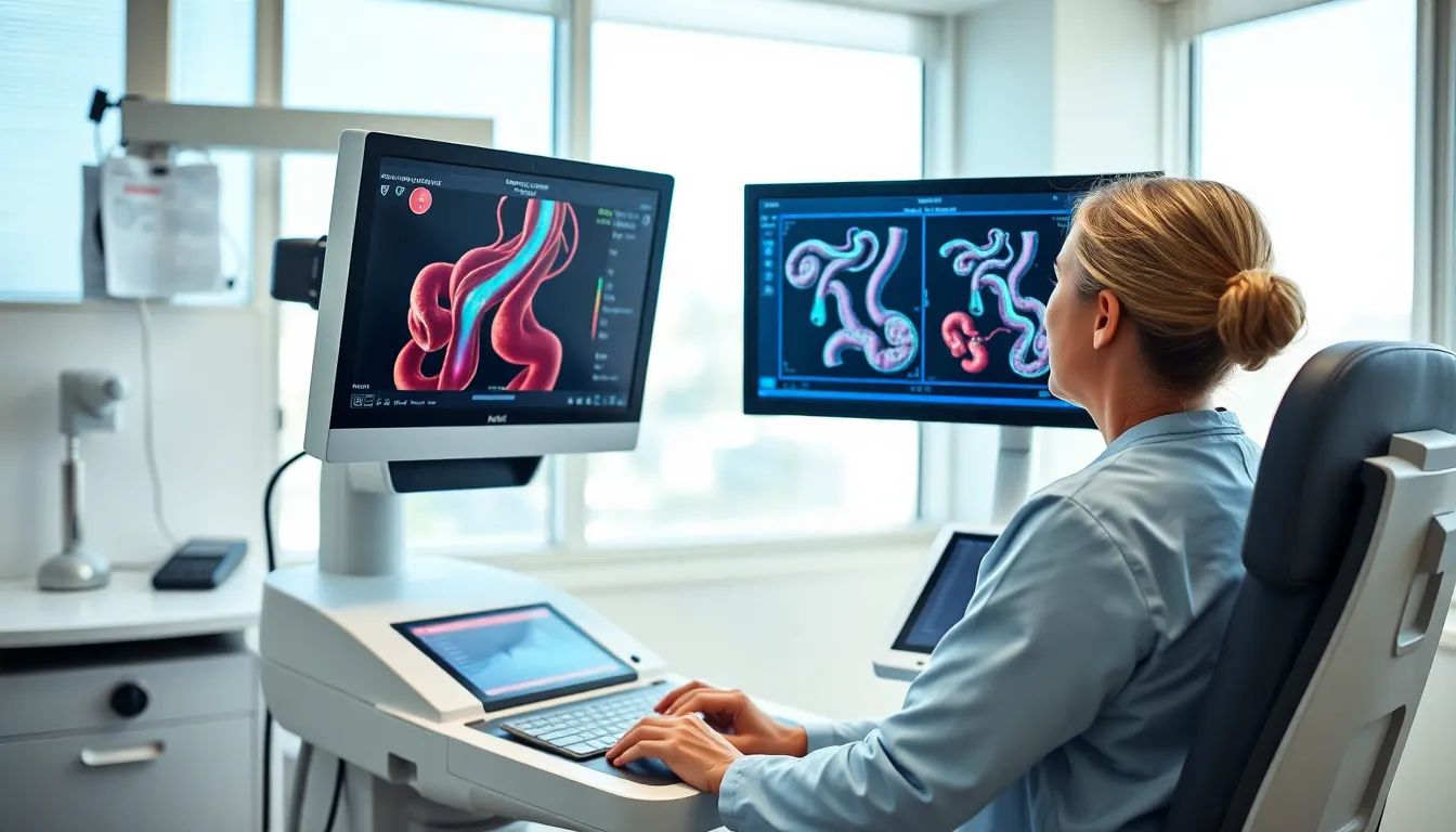 vascular technologist using ultrasound in a modern medical office.