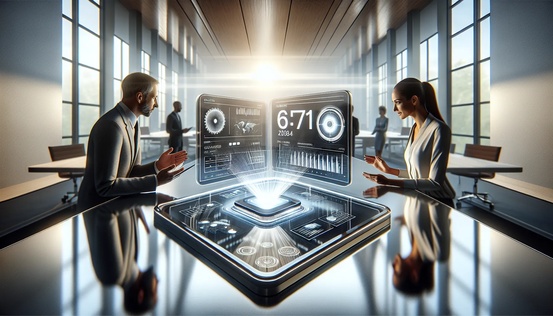 modern workspace with professionals discussing a high-tech device.