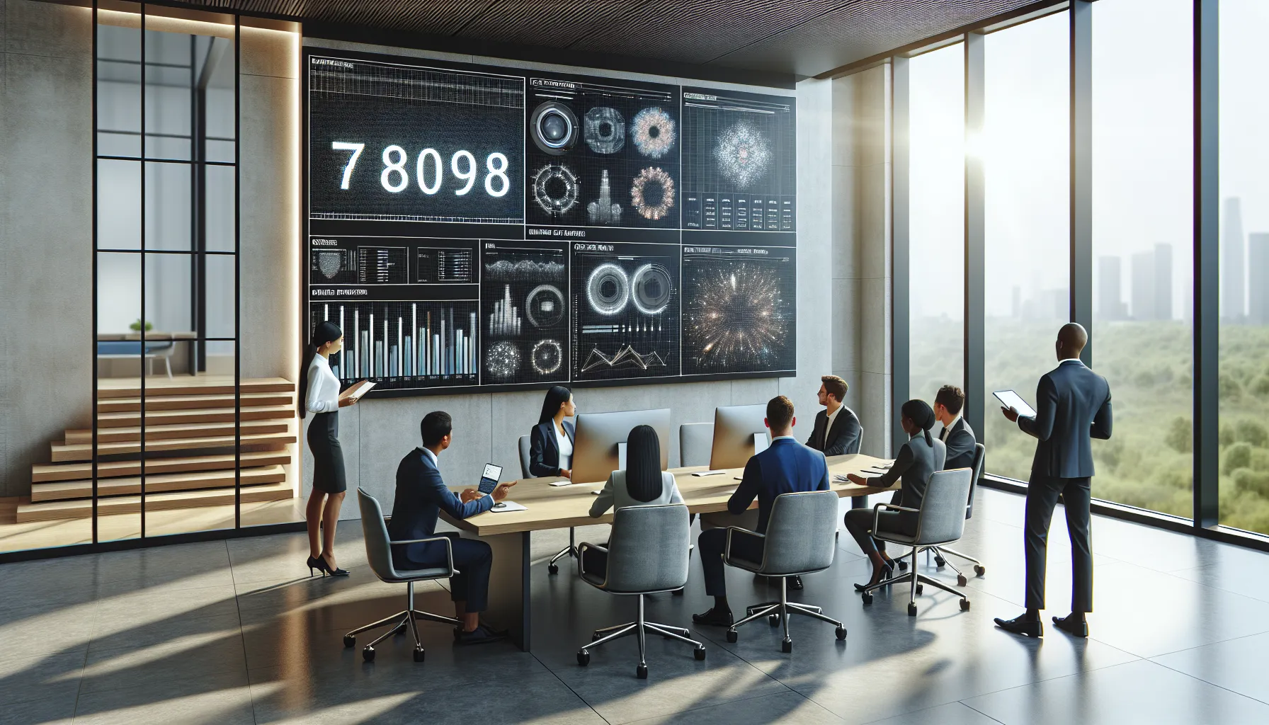 team discussing data analytics in a modern office.