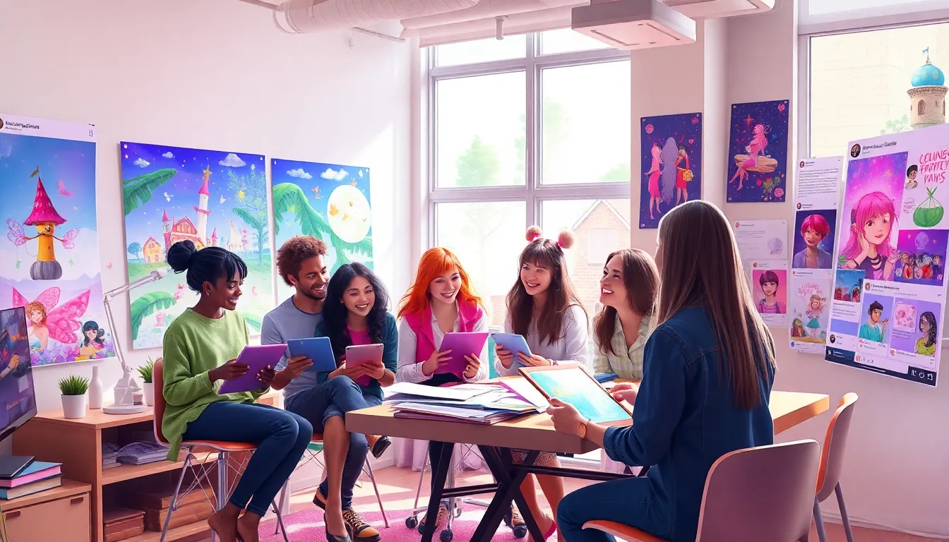 diverse artists collaborating on whimsical illustrations in a bright studio.